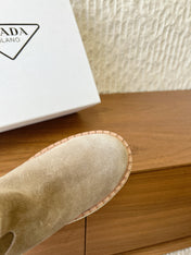 PRADA 25S ANKLE BOOTS 40 MM IN TAUPE BROWN SUEDE SHEARLING-LINED