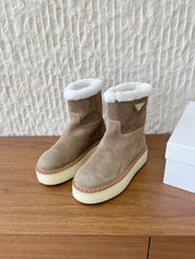 PRADA 25S ANKLE BOOTS 40 MM IN TAUPE BROWN SUEDE SHEARLING-LINED