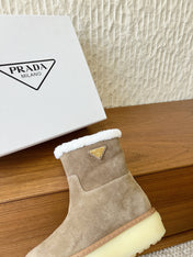 PRADA 25S ANKLE BOOTS 40 MM IN TAUPE BROWN SUEDE SHEARLING-LINED