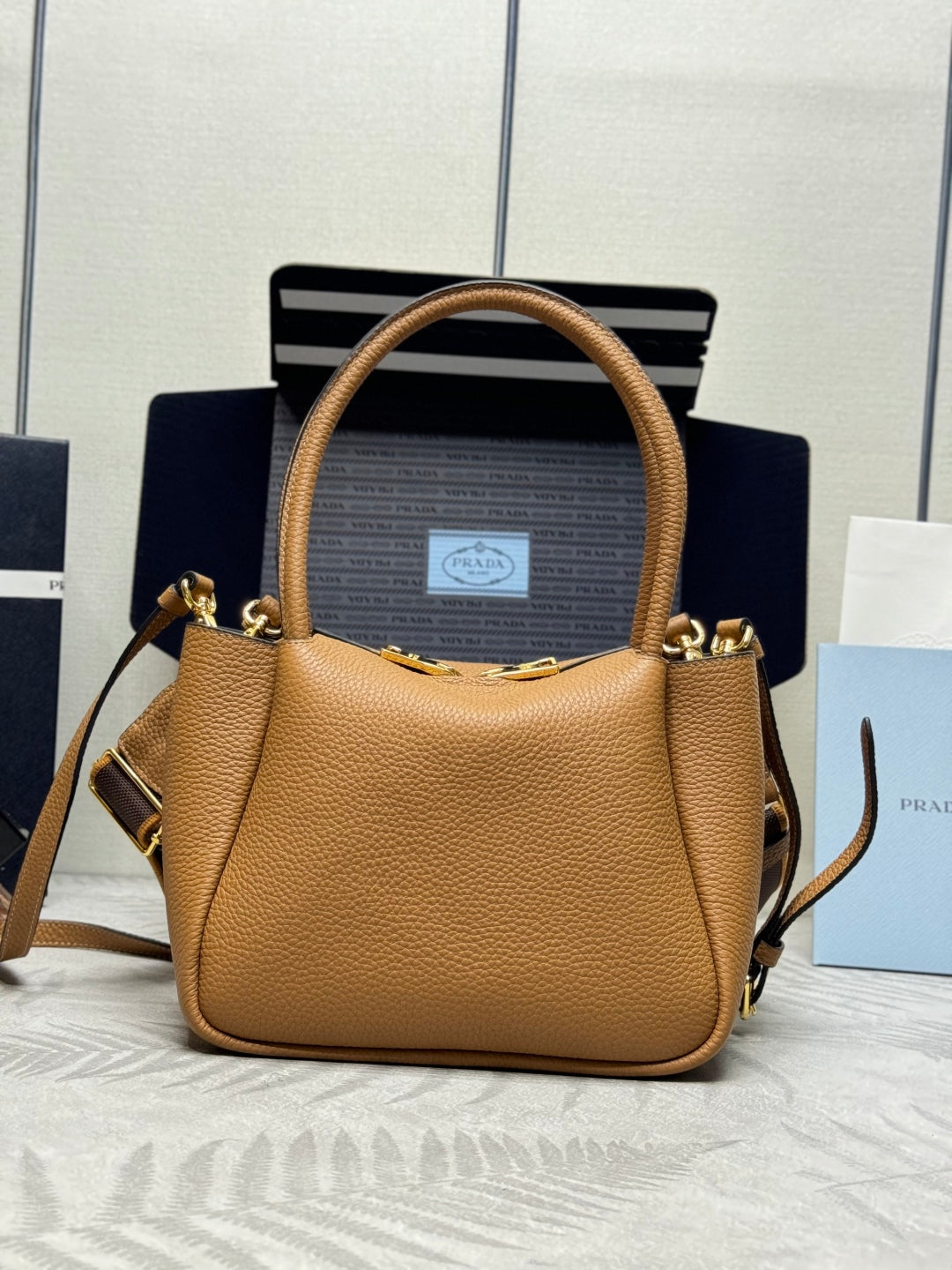 PRADA 25S SMALL BAG 23 IN CARAMEL CALFSKIN GOLD HARDWARE