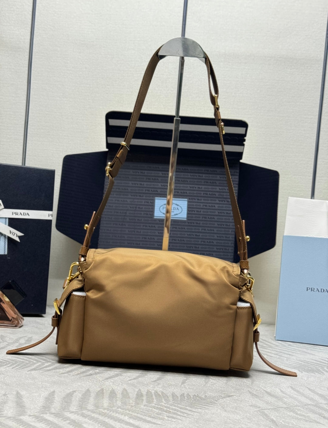 PRADA 25S EXPLORE LARGE SHOULDER BAG 30 IN CARAMEL RE-NYLON WITH FLAP