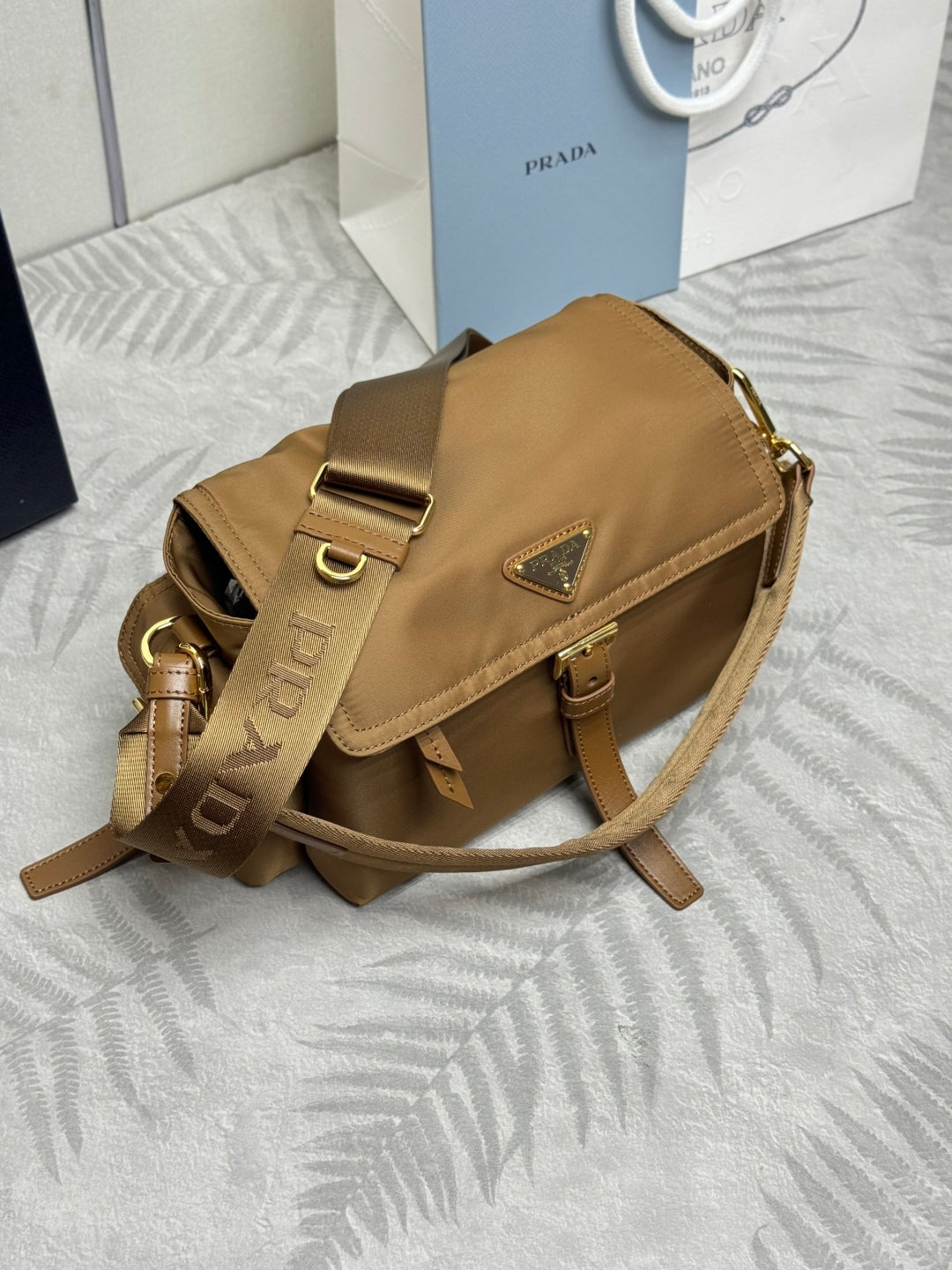 PRADA 25S EXPLORE LARGE SHOULDER BAG 30 IN CARAMEL RE-NYLON WITH FLAP