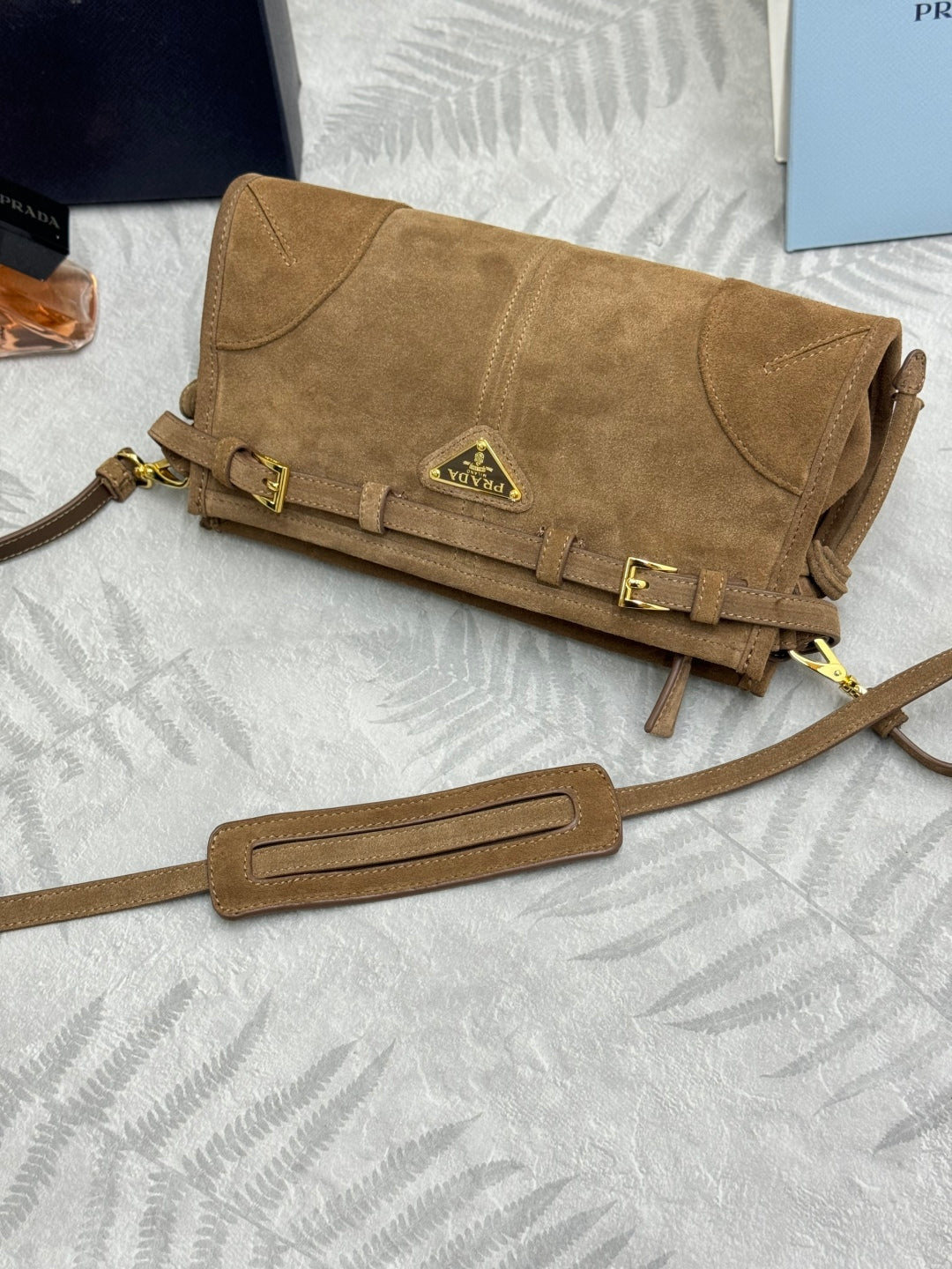 PRADA 25S BONNIE SMALL SHOULDER BAG 26 IN BROWN SUEDE GOLD HARDWRE