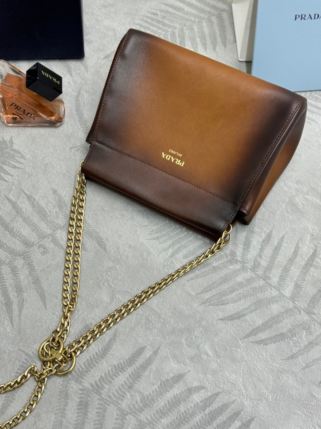 PRADA 25S ENCHAINE MINI BAG 22 IN COGNAC CALFSKIN GOLD HARDWRE