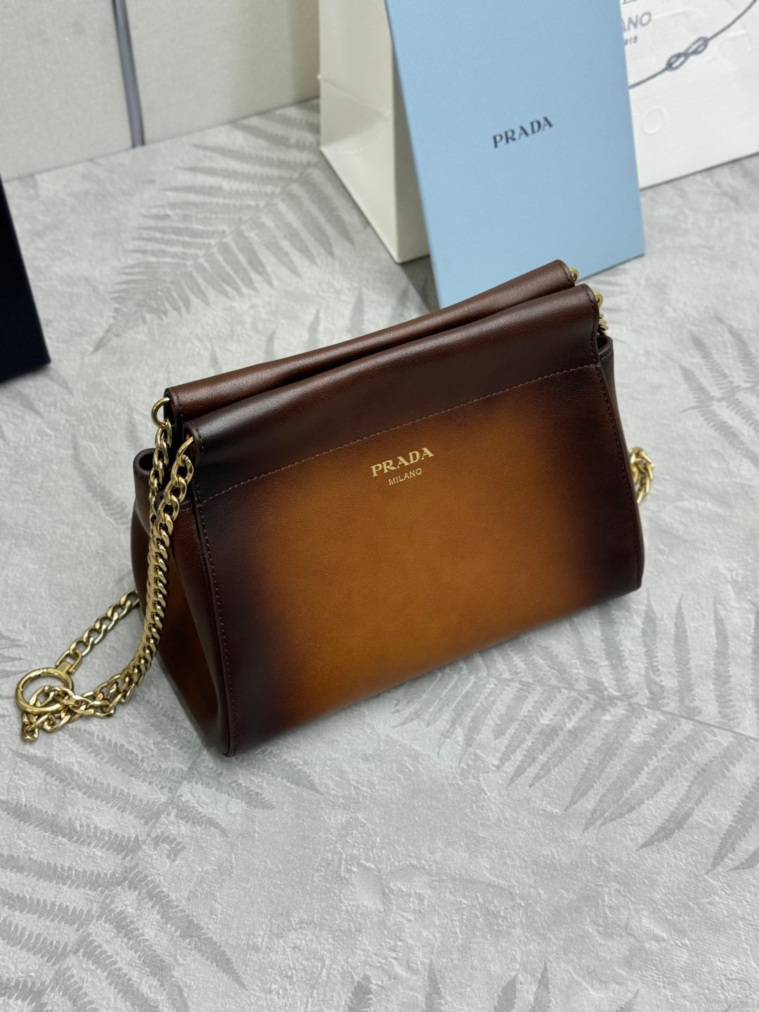 PRADA 25S ENCHAINE MINI BAG 22 IN COGNAC CALFSKIN GOLD HARDWARE