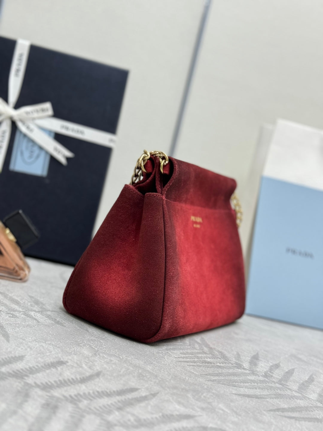 PRADA 25S ENCHAINE MINI BAG 22 IN RUBY RED SUEDE GOLD HARDWRE