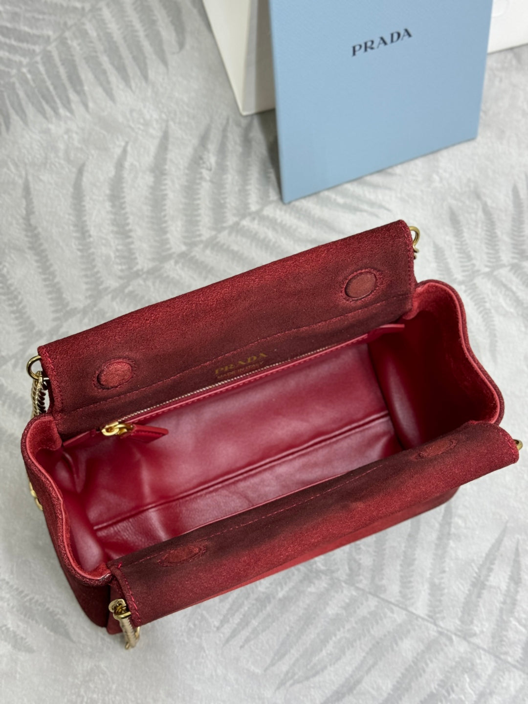 PRADA 25S ENCHAINE MINI BAG 22 IN RUBY RED SUEDE GOLD HARDWRE
