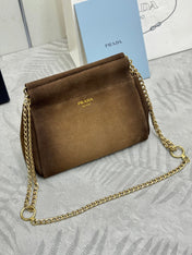 PRADA 25S ENCHAINE MINI BAG 22 IN CARAMEL BROWN SUEDE GOLD HARDWARE