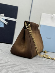 PRADA 25S ENCHAINE MINI BAG 22 IN CARAMEL BROWN SUEDE GOLD HARDWARE