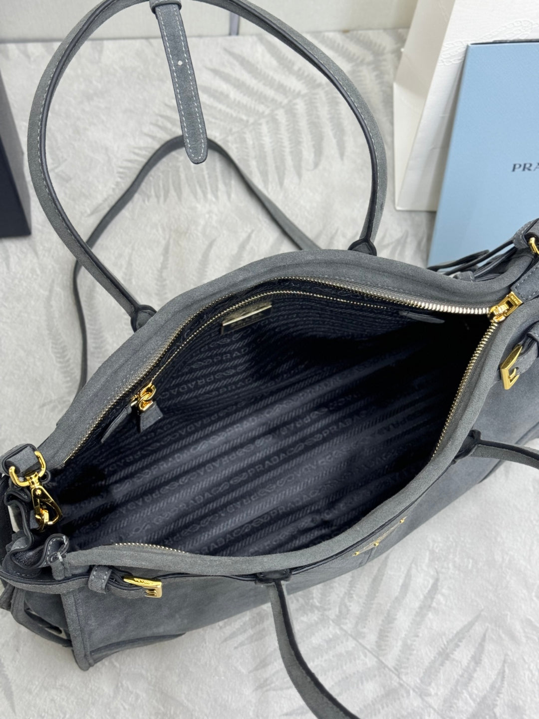 PRADA 25S BONNIE LARGE HANDBAG 38 IN DARK GRAY SUEDE GOLD HARDWARE