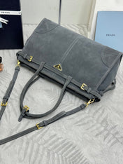 PRADA 25S BONNIE LARGE HANDBAG 38 IN DARK GRAY SUEDE GOLD HARDWRE
