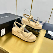 CC WEDGE SANDALS 25S IN BEIGE CALFSKIN WITH GOLD HARDWARE