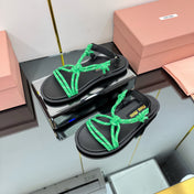 RIVIERE SANDALS IN BLACK CALFSKIN GREEN CORD