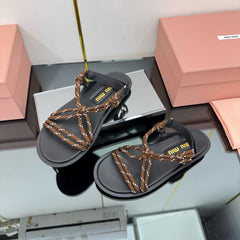 RIVIERE SANDALS IN BLACK CALFSKIN BROWN CORD