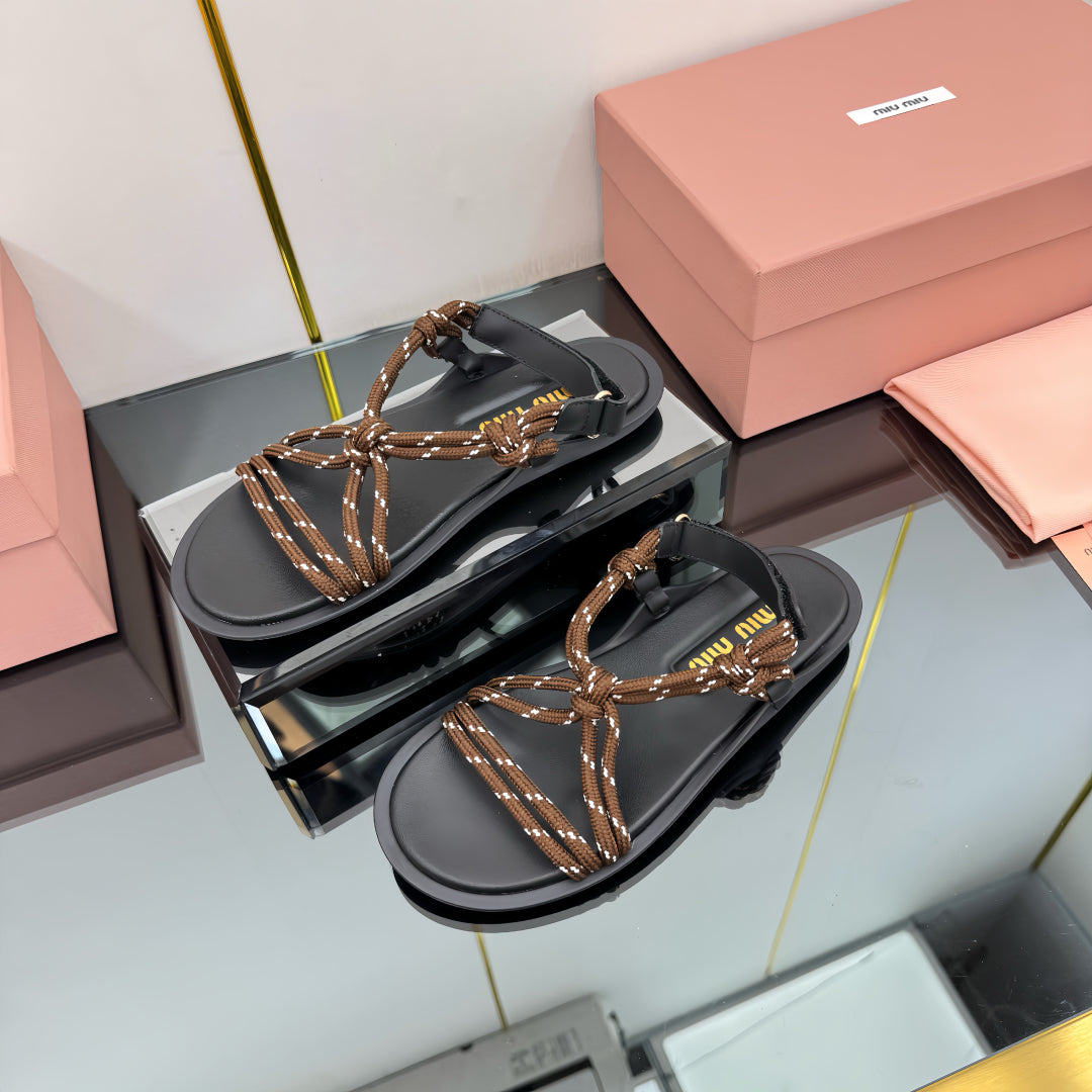 RIVIERE SANDALS IN BLACK CALFSKIN BROWN CORD