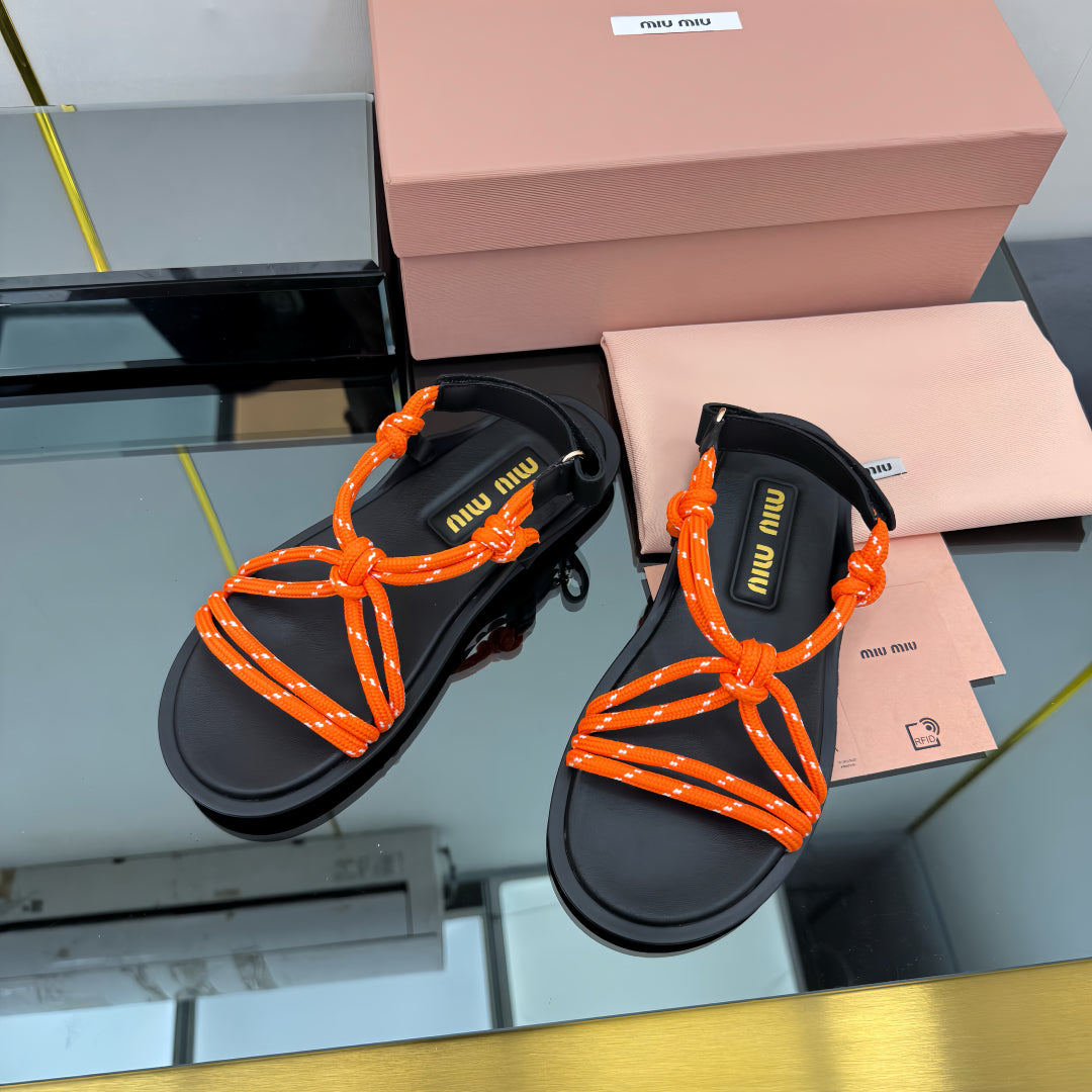 RIVIERE SANDALS IN BLACK CALFSKIN ORANGE CORD