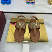 GG FLAT THONG SANDALS WITH ANKLE STRAP IN BROWN LAMBSKIN AND BEIGE FABRIC