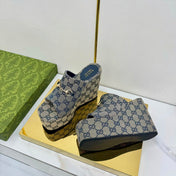 GG WEDGE SLIDES 110 IN GREY FABRIC WITH GOLD HARDWARE