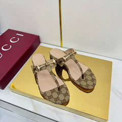 THONG SANDALS IN DARK BEIGE FABRIC PRINTED LOGO WITH GOLD HARDWARE