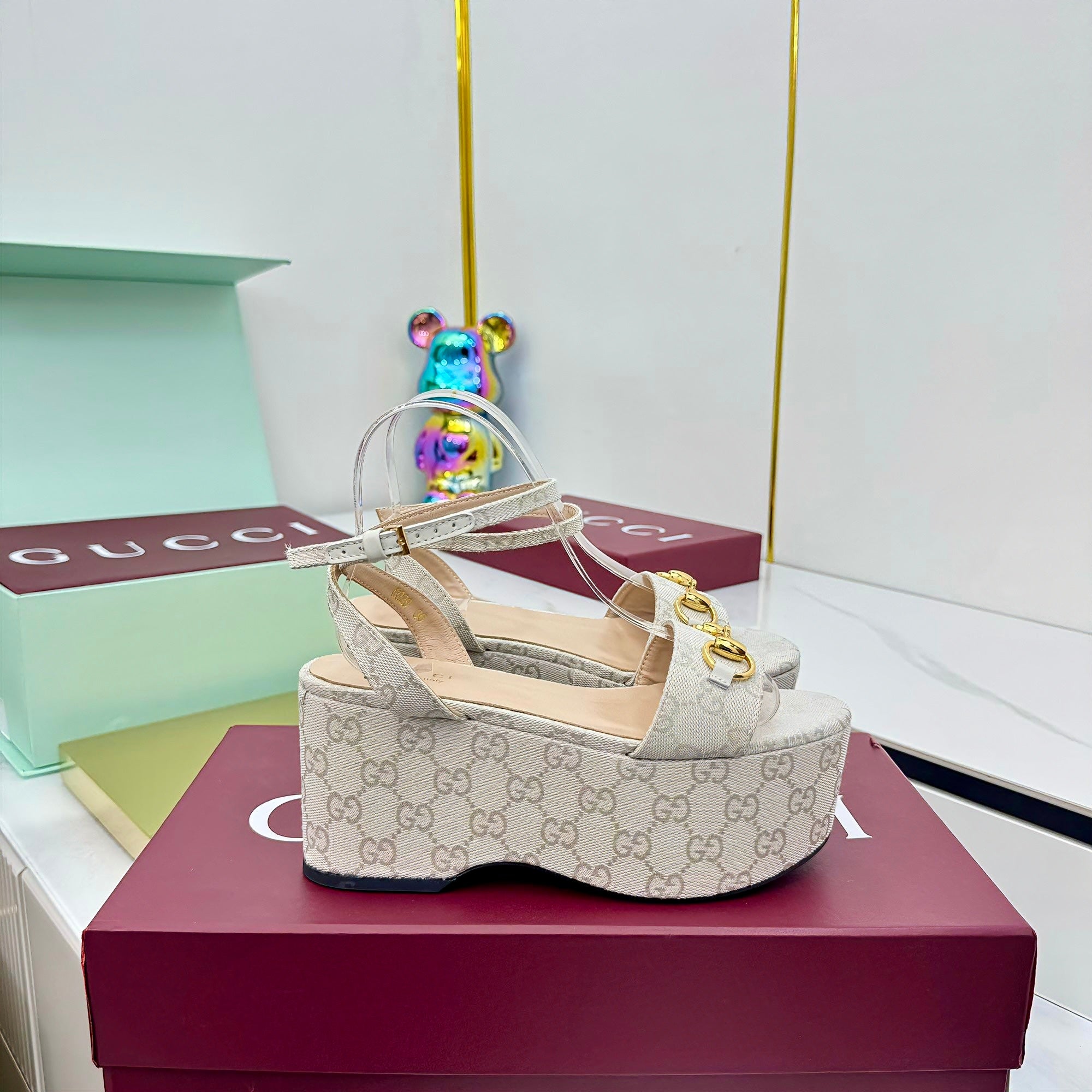 GG WEDGE HEELS IN STONE BEIGE FABRIC AND CALFSKIN WITH GOLD HARDWARE STYLE 5