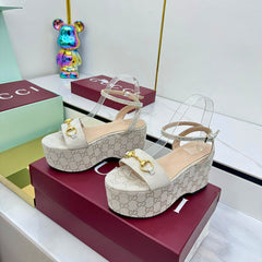 GG WEDGE HEELS IN STONE BEIGE FABRIC AND CALFSKIN WITH GOLD HARDWARE STYLE 5