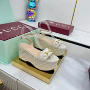 GG WEDGE HEELS IN STONE BEIGE FABRIC AND CALFSKIN WITH GOLD HARDWARE STYLE 5