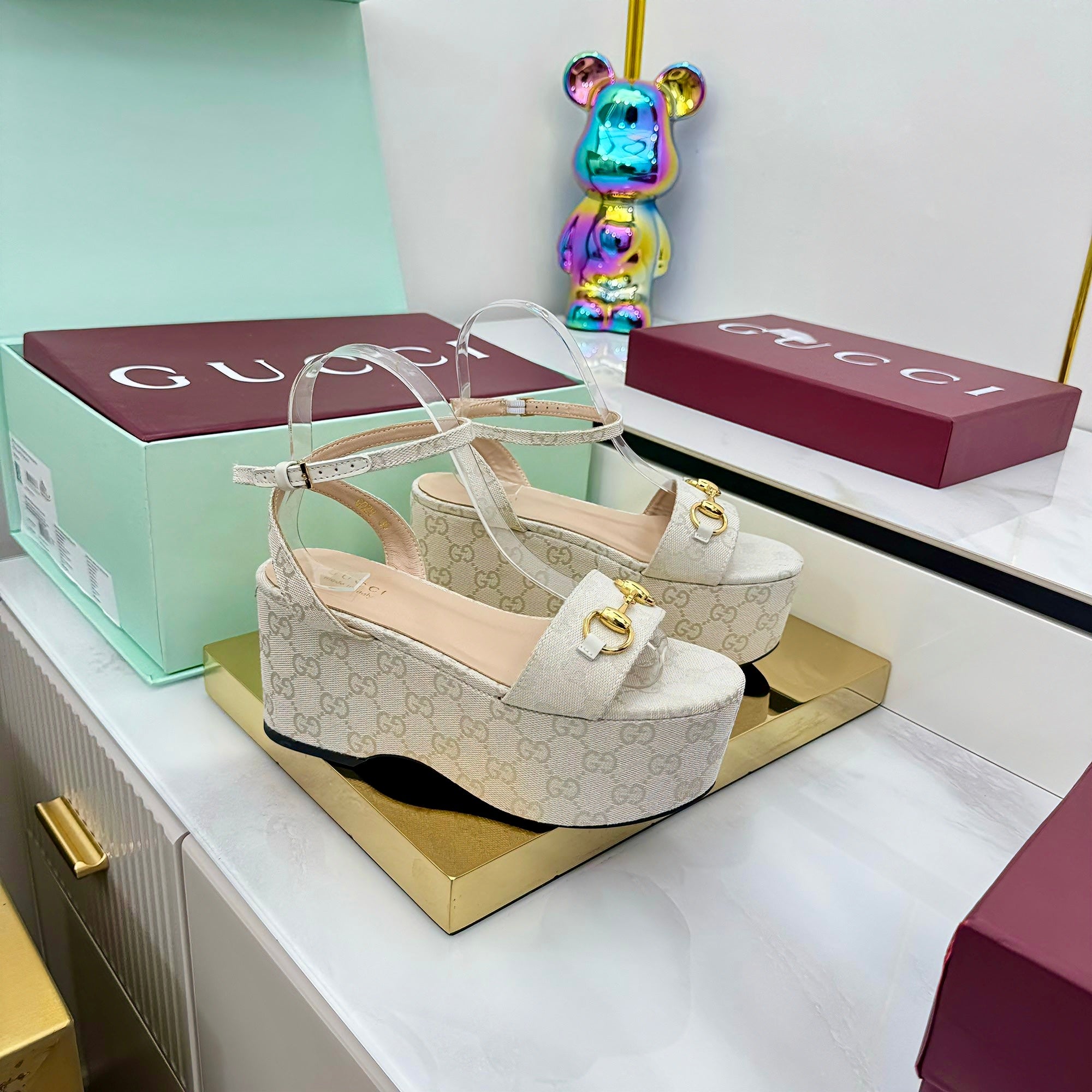 GG WEDGE HEELS IN STONE BEIGE FABRIC AND CALFSKIN WITH GOLD HARDWARE STYLE 5