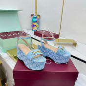 GG WEDGE HEELS IN BLUE FABRIC AND CALFSKIN WITH GOLD HARDWARE STYLE 4