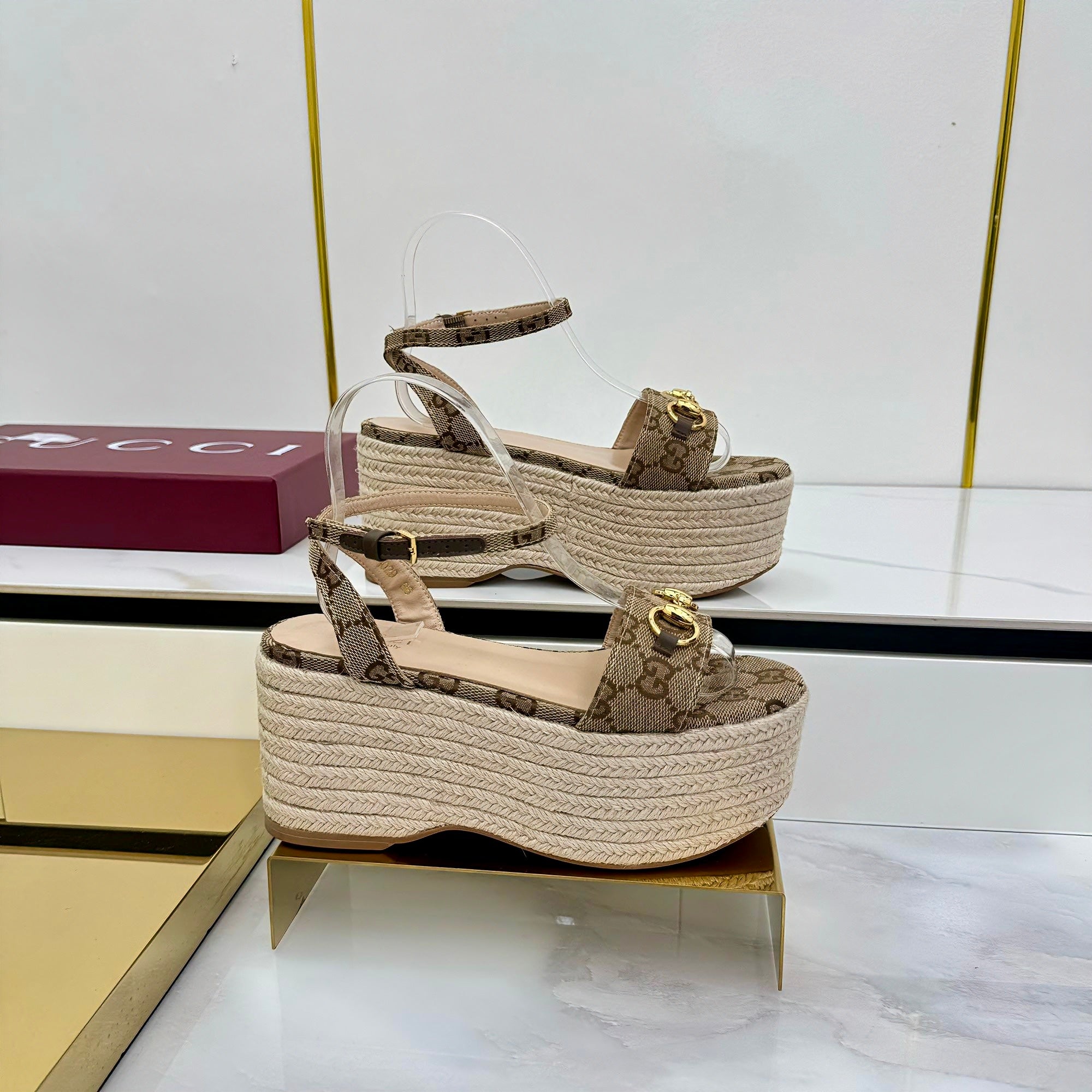GG HIGH WEDGE SANDALS IN DARK BEIGE FABRIC AND RAFFIA WITH GOLD HARDWARE