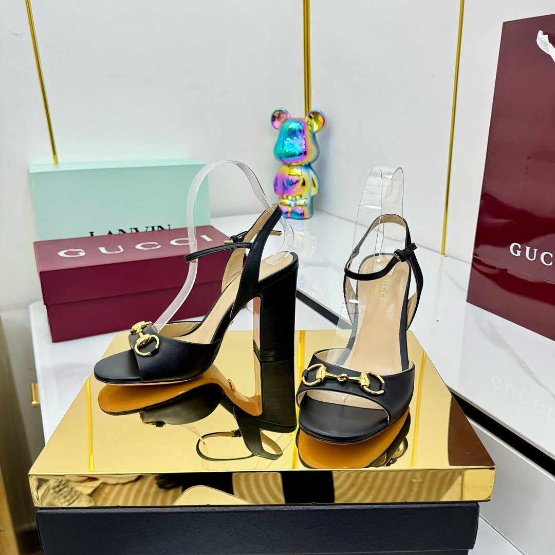 GG HEELED SANDALS 25S 95 MM IN BLACK LAMBSKIN WITH GOLD HARDWARE