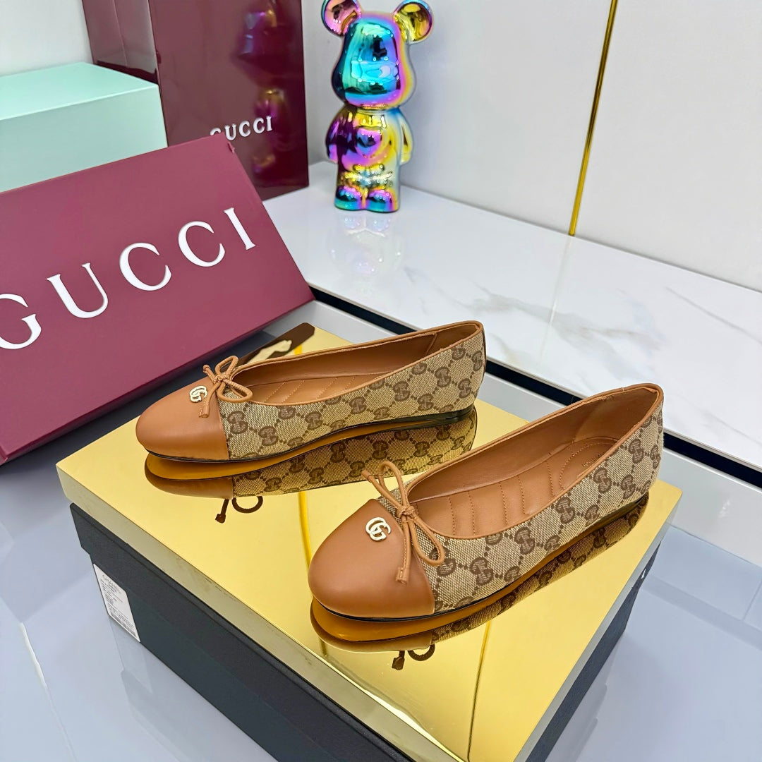 GG BALLET FLATS 25S IN BROWN LAMBSKIN MIX BEIGE CANVAS WITH BOW