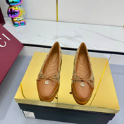 GG BALLET FLATS 25S IN BROWN LAMBSKIN MIX BEIGE CANVAS WITH BOW