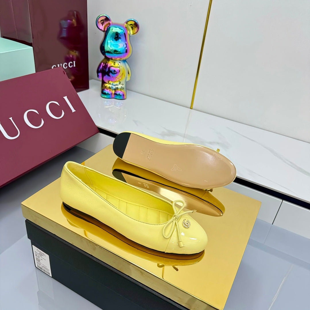 GG BALLET FLATS 25S IN YELLOW LAMBSKIN MIX GLOSSY LEATHER WITH BOW