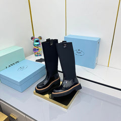 PRADA 25S HIGH BOOTS MARTIN 50MM IN BLACK GLOSSY CALFSKIN WITH LOGO