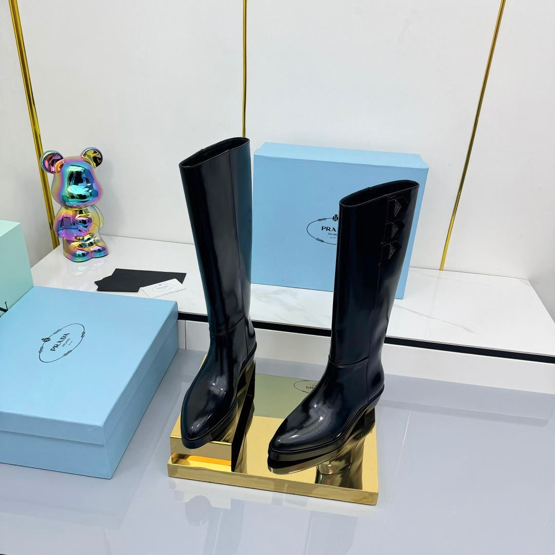 PRADA 25S CHUNKY SOLE TALL BOOTS MARTIN 50MM IN BLACK GLOSSY CALFSKIN