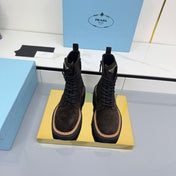 PRADA 25S LONG THICK SOLED MARTIN BOOTS 50MM IN DARK BROWN SUEDE