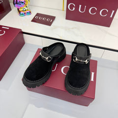 GG PLATFORM MULES 25S IN BLACK SUEDE