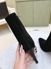 YSL 25S HEELED ANKLE BOOTS 75 MM IN BLACK SUEDE