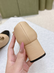 CHANEL 25S MARY JANE SHOES IN BEIGE SHEEPSKIN MIX BLACK GLOSSY WITH BOW