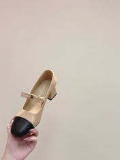 CHANEL 25S MARY JANE SHOES IN BEIGE SHEEPSKIN MIX BLACK GLOSSY WITH BOW