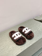 CHANEL 25S FUR SLIPPERS DOUBLE-LAYERED IN DARK BROWN WITH WHITE CC LOGO