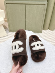 CHANEL 25S FUR SLIPPERS DOUBLE-LAYERED IN DARK BROWN WITH WHITE CC LOGO