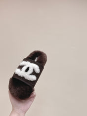 CHANEL 25S FUR SLIPPERS DOUBLE-LAYERED IN DARK BROWN WITH WHITE CC LOGO
