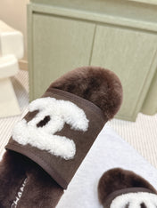 CHANEL 25S FUR SLIPPERS DOUBLE-LAYERED IN DARK BROWN WITH WHITE CC LOGO