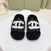 CHANEL 25S FUR SLIPPERS DOUBLE-LAYERED IN BLACK WITH WHITE CC LOGO