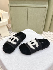 CHANEL 25S FUR SLIPPERS DOUBLE-LAYERED IN BLACK WITH WHITE CC LOGO