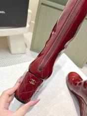 CHANEL 25S KNEE-HIGH BOOTS 60MM IN BURGUNDY PATENT CALFSKIN WEDGE HEELS