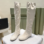 CHANEL 25S KNEE-HIGH BOOTS 60MM IN WHITE PATENT CALFSKIN WEDGE HEELS