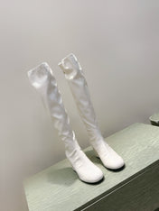 CHANEL 25S KNEE-HIGH BOOTS 60MM IN WHITE PATENT CALFSKIN WEDGE HEELS