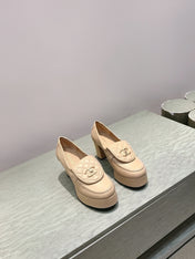 CHANEL 25S HIGH-HEELED MOCCASINS 80MM IN LIGHT TAN CALFSKIN GOLD HARDWARE